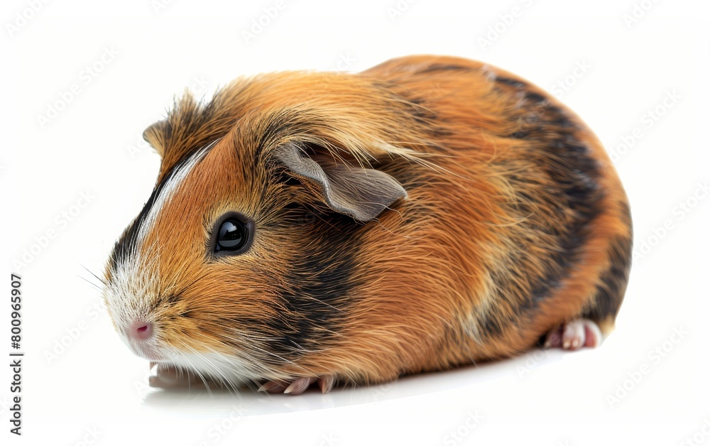 Close-up of a multi-colored guinea pig looking forward with curiosity, isolated on a white background. Close-up of a multi-colored guinea pig looking forward with curiosity, isolated on a white background.