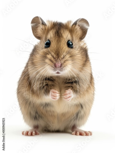 Close-up of a dwarf hamster facing forward with bright eyes and tiny paws, isolated on a white background.