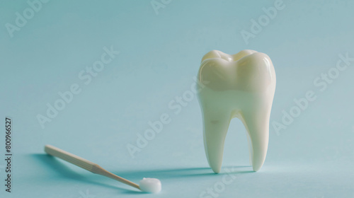 Floss toothpick and tooth model on blue background