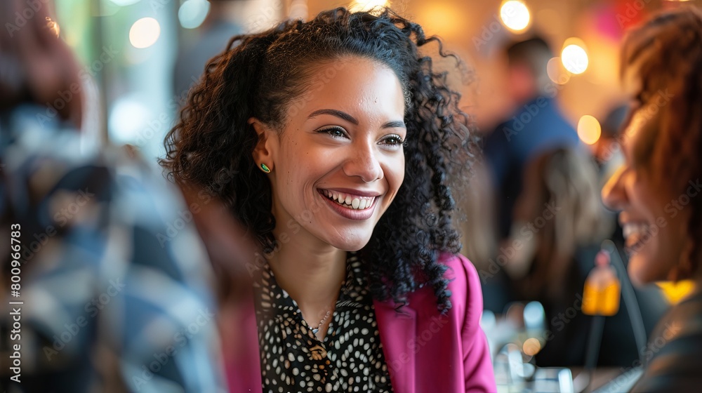 A female entrepreneur networking at a business event, engaging in conversation and building connections. A female entrepreneur networking at a business event, engaging in conversation and building connections.