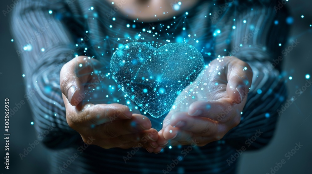 Blue and Yellow Virtual Heart Shape Network in Hands - health data - information exchange - data visualization Blue and Yellow Virtual Heart Shape Network in Hands - health data - information exchange - data visualization