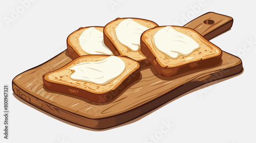 Wooden board with bread rusks and cream cheese on white background  photo