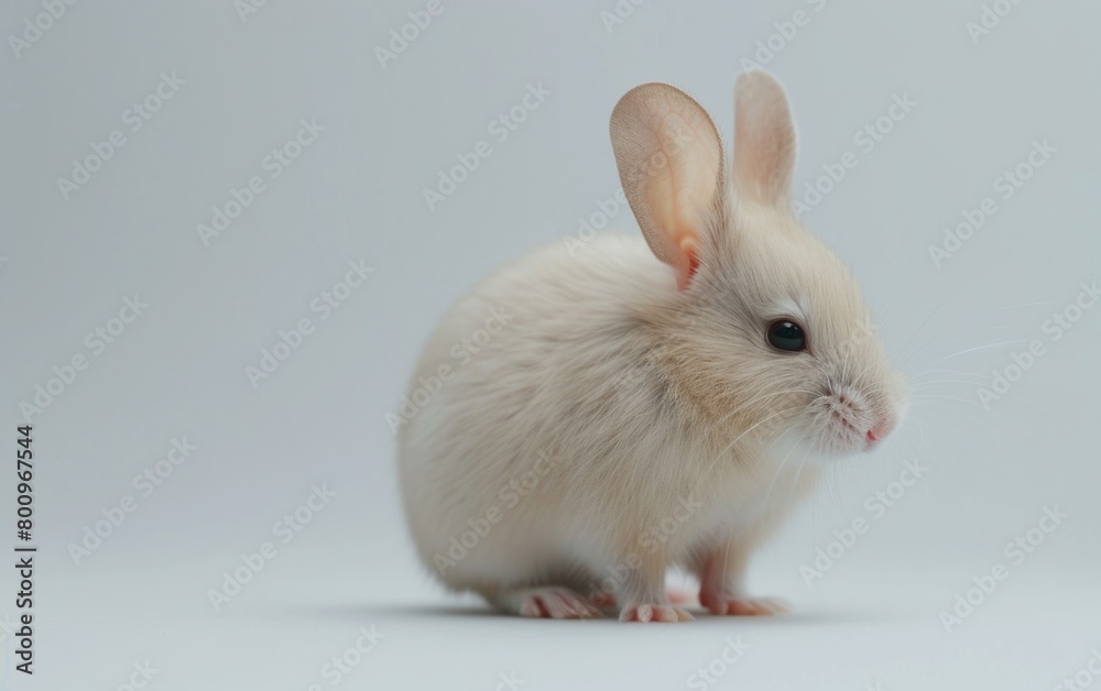 Adorable creamy white mouse with translucent ears and soft fur on a light blue background. Adorable creamy white mouse with translucent ears and soft fur on a light blue background.