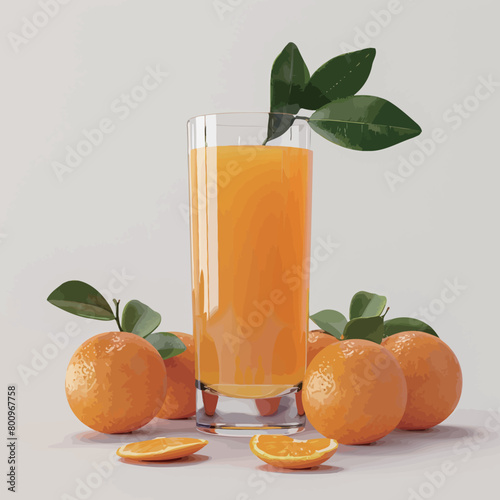 Orange juice in a glass and fresh oranges on a white background.