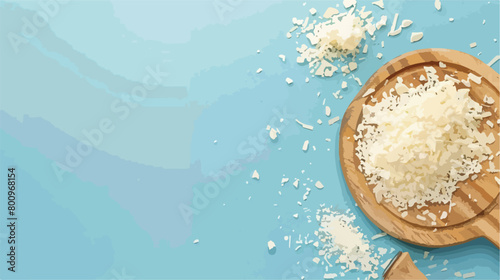 Wooden board with tasty grated Parmesan cheese on blue background  photo