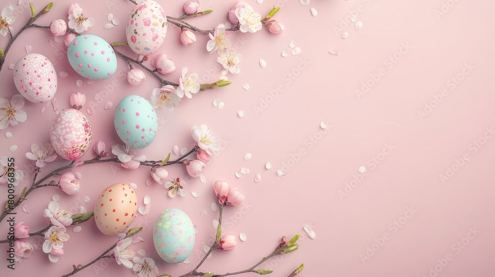 colorful small easter eggs with flowering branches on a light pink background with copy space - easter card background - spring design element