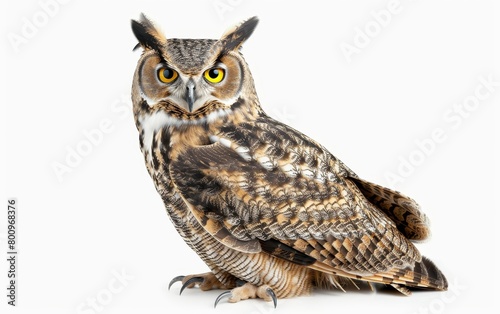 Front view of a Great Horned Owl perched, staring with intense orange eyes.
