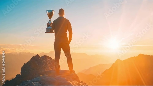 Triumphant Achiever at Sunrise Summit. Concept Success, Nature, Sunrise, Positivity photo