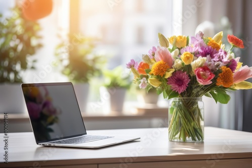 A beautiful bouquet of flowers sits on a desk next to an open laptop