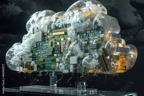 Highly detailed conceptual image of a brain made of clouds and electronic components  symbolizing the fusion of nature and advanced technology.