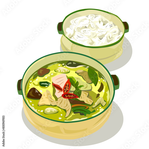 Rice Noodles with Green Curry in Traditional Pots - Delicious Asian Cuisine Vector Illustration