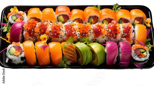 A vibrant tray overflowing with assorted sushi rolls, nigiri, and sashimi pieces