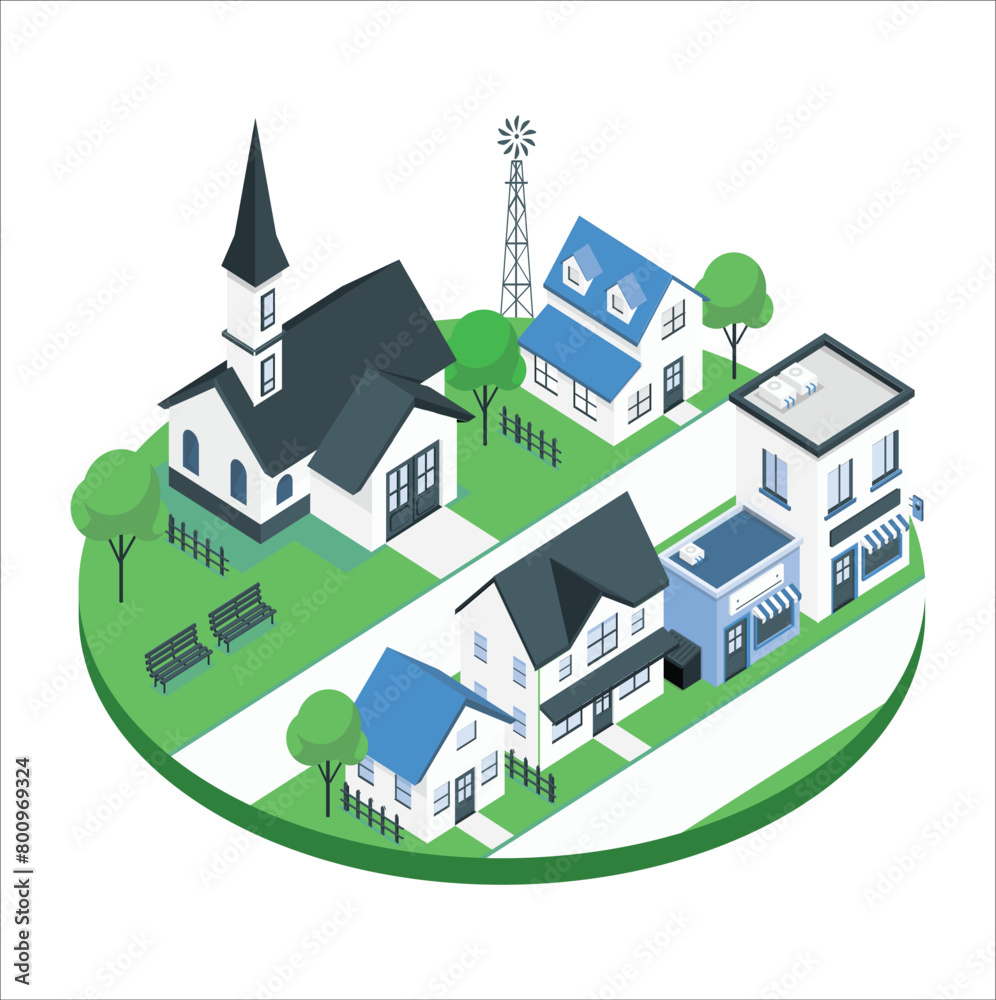 Various 3d Small and big houses. walls, windows, trees. Colorful roofs. Different facades. Scandinavian style. Hand drawn Vector set. Every building is isolated. Small and big flat cartoon houses.