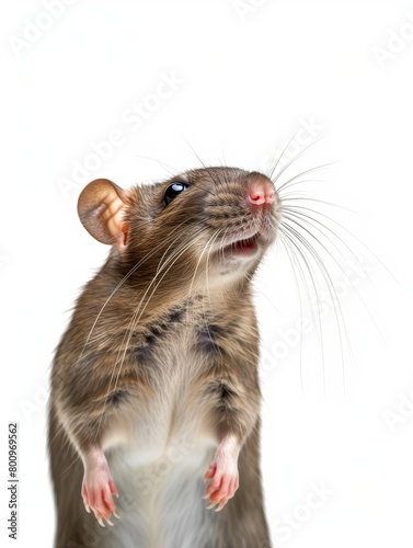 Close-up of a brown rat looking upwards with a curious expression, isolated on white background.