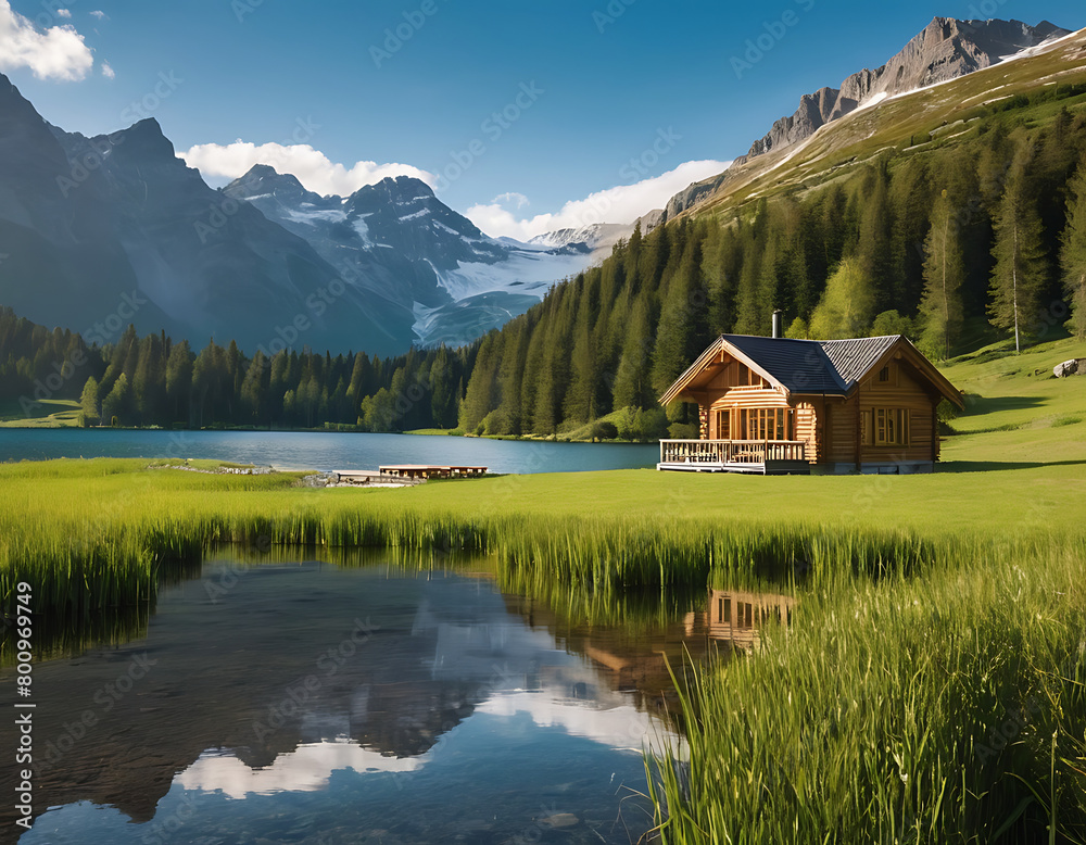 alpine lake in the mountains with a wooden house 