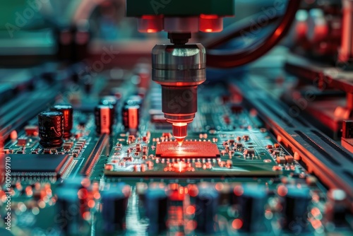 Precision machinery meticulously solders components on a circuit board, showcasing the intricacies and precision of modern electronics manufacturing.