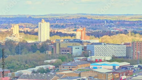 Examples of brutalist architecture of Leicester, UK. The University of Leicester located in the Charles Wilson building is seen on the city panorama. It was built in 1963 by architect Denys Lasdun photo