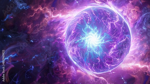galaxy in a glas orb on a dark violet backdrop photo