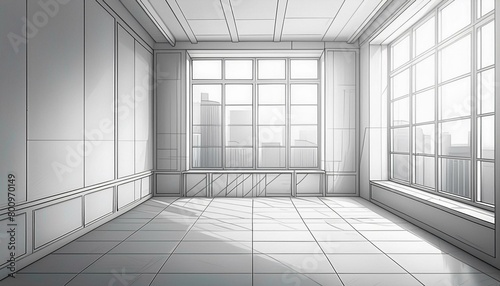 Drawing of a room, wireframe on white background