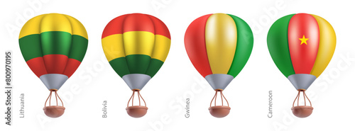 Hot air balloons with national flag of Lithuania, Bolivia, Guinea, Cameroon. Sky travel or ballooning festival in flying basket aerostat concept. Vector 3d render cartoon airship on white background.
