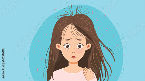 Worried young woman with hair loss problem on blue background