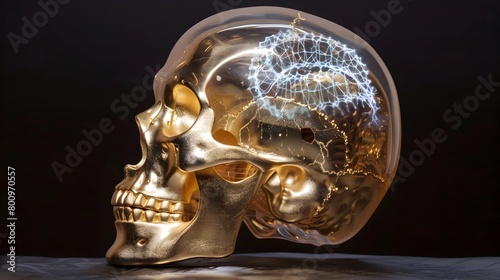 Photography of Golden Skull with Holographic Human Genome Projection Symbolizing Medical Advancements Generative ai
