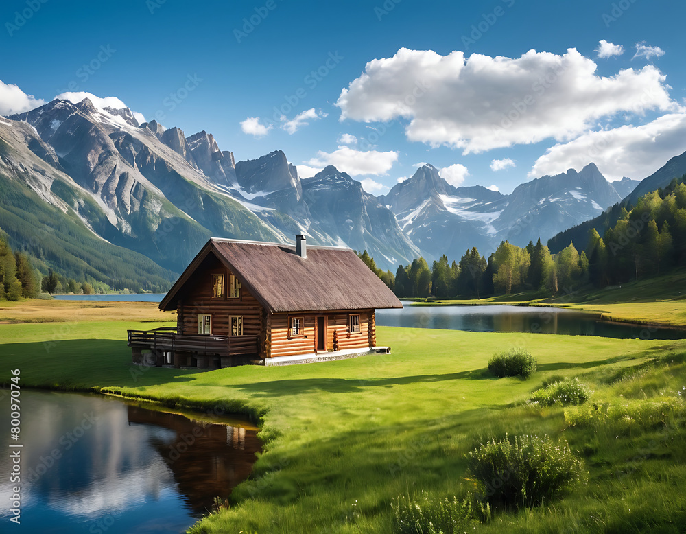 Obraz premium alpine lake in the mountains with a wooden house 