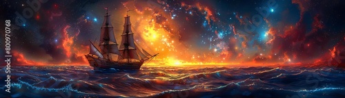 A pirate ship is sailing on a sea of stars toward a fiery nebula