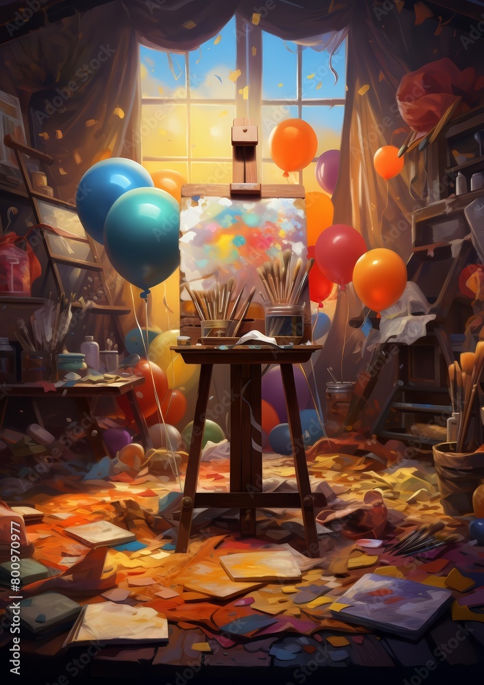 Naklejka premium A colorful and whimsical art studio filled with paint, brushes, balloons, and confetti