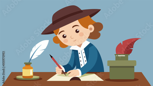 A young child dressed in colonial attire precariously leaning over to dip their quill into a bottle of ink as they learn to write the letters of the. Vector illustration