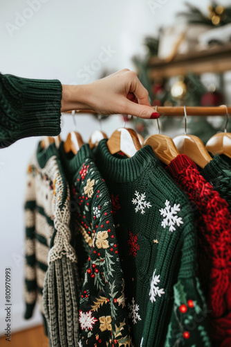 A womans hand is seen picking a wooden stick from a display of various sweaters, possibly preparing to hang or rearrange them