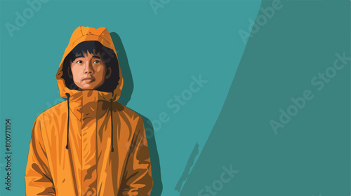Young Asian man in raincoat on color background Vector