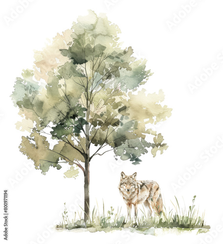 Lone wolf beside a lush tree in the wild