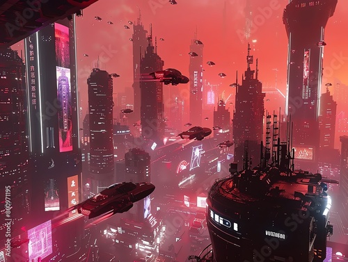 Create a dystopian cityscape filled with towering skyscrapers, ominous smokestacks, and neon-lit hovercars whizzing by from a worms-eye view Incorporate holographic billboards, advanced drones, and dr photo