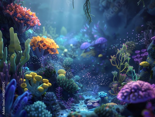 Immerse viewers in a surreal underwater world filled with bioluminescent flora and fauna, merging photorealistic textures with a whimsical hand-drawn animation style, capturing the scene from an unexp © Amemage