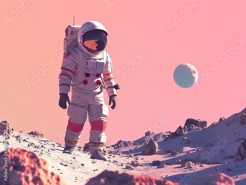 Craft a minimalist design of a lone astronaut stranded on a desolate planet, captured in a striking CG 3D style Explore the theme of survival against all odds, using sharp angles to convey isolation a photo