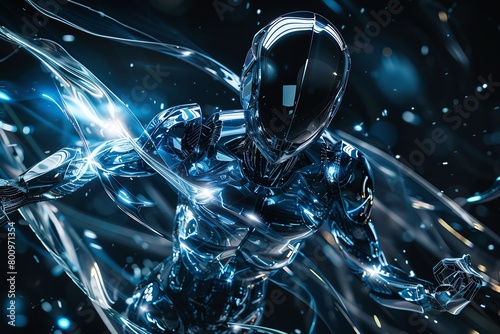 Capture the electrifying essence of Robotic Dance Fusion with futuristic technologies Show the fusion of sleek metallic limbs and fluid movements in a digitally enhanced, dynamic long shot photo