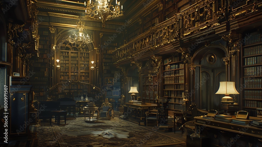 Transport viewers to a sumptuous library full of detective mysteries, accented with gold details and antique bookshelves Experiment with unique camera angles to capture the essence of suspense Transport viewers to a sumptuous library full of detective mysteries, accented with gold details and antique bookshelves Experiment with unique camera angles to capture the essence of suspense
