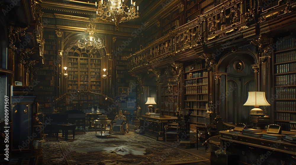 Transport viewers to a sumptuous library full of detective mysteries, accented with gold details and antique bookshelves Experiment with unique camera angles to capture the essence of suspense