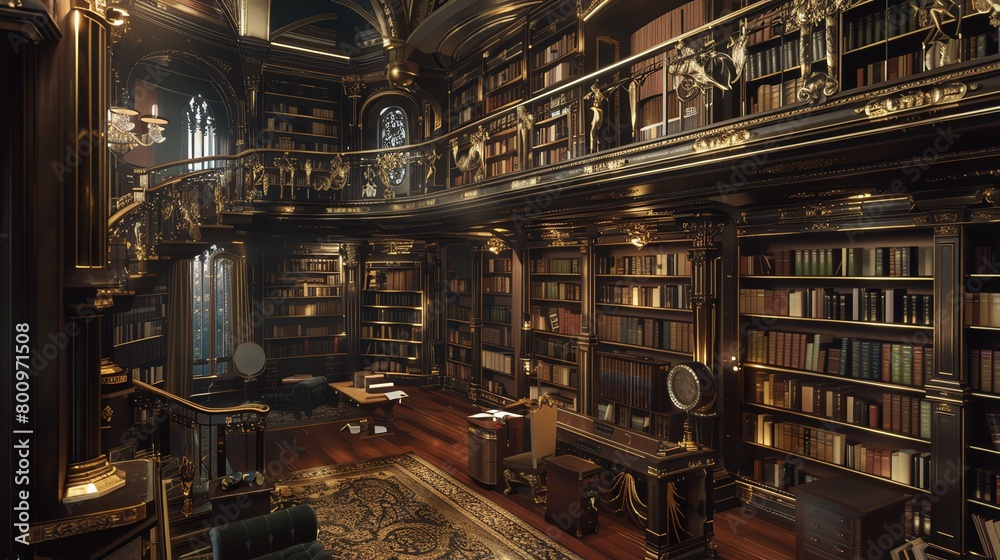 Transport viewers to a sumptuous library full of detective mysteries, accented with gold details and antique bookshelves Experiment with unique camera angles to capture the essence of suspense