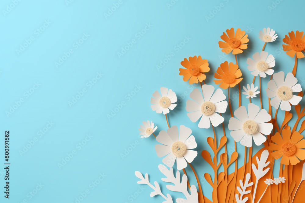 Fototapeta premium Paper cut flowers and leaves, Fresh spring nature background. Floral banner, poster, flyer template with copy space.