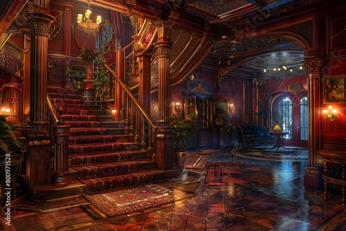 Immerse in a luxurious, panoramic view of an opulent mansion, infused with mystery Include elegant decor, hidden clues, and unexpected camera angles to unveil the story photo
