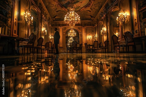 Craft a scene in a lavish ballroom with a hidden secret, combining luxury elements and detective mysteries Utilize unexpected camera angles to reveal the intrigue and elegance in a striking visual com photo
