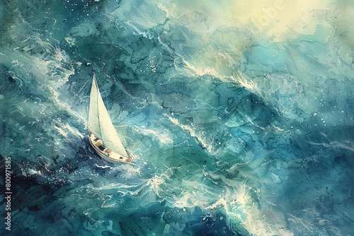 Paint a serene seascape with a lone sailboat navigating stormy waters in watercolor Utilize an overhead perspective to convey isolation and perseverance amidst chaos in a subtle, emotional manner photo