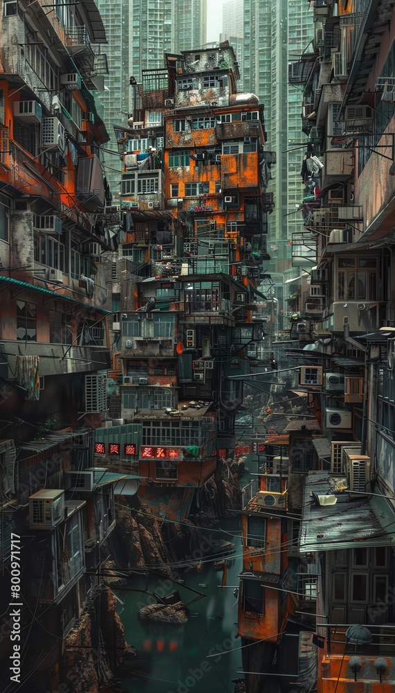 Incorporate unexpected camera angles to showcase a high-angle view of a dystopian society infused with culinary delights, blending the chaos of urban decay with the beauty of gastronomic creations in