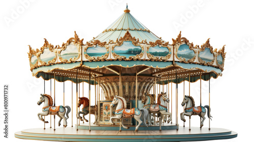 Colorful carousel horses spinning joyfully on a white background