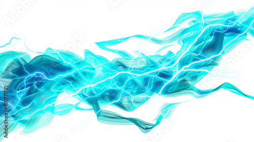 Glowing turquoise neon lightning arcs intersecting with lively blue wave patterns  isolated on a solid white background. 