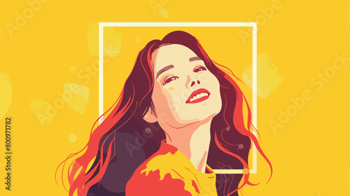 Young beautiful happy woman with frame on yellow background
