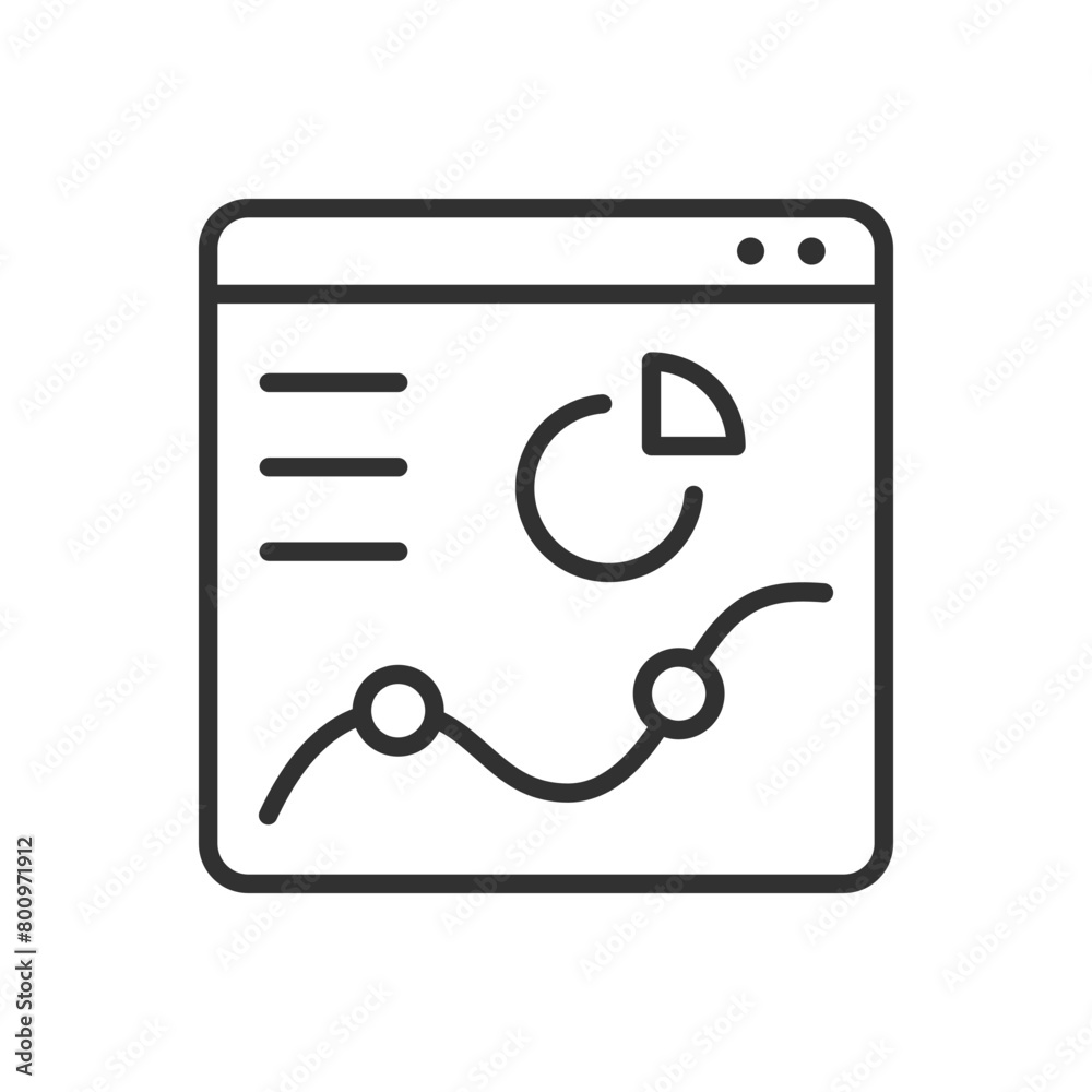 Web page with data analytics, linear icon. Charts and diagrams on the page. Line with editable stroke
