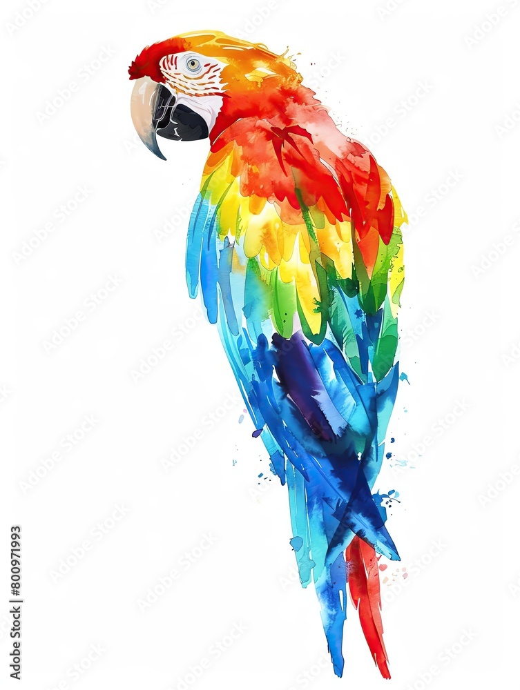 Obraz premium A colorful watercolor painting of a tropical parrot, displaying vibrant feathers in multiple hues, set against a white background.